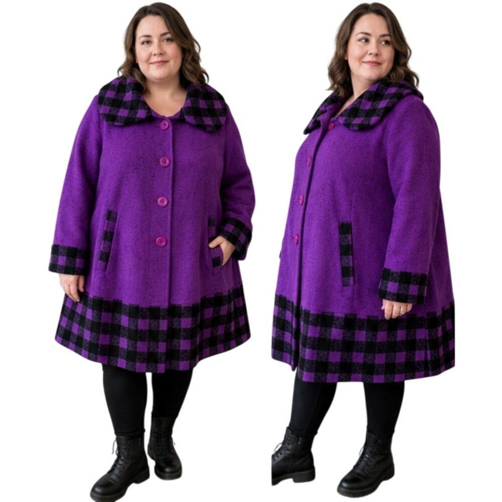 Animale Purple Black Buffalo Plaid Wool Cocoon Coat Oversized XXL Dark Glam